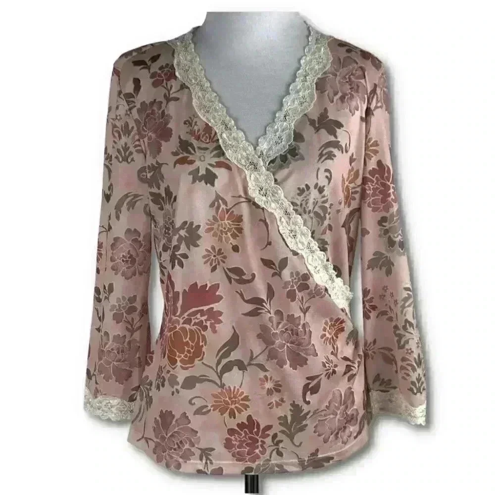 Nine West top sz large multicolored floral faux wrap 3/4 sleeve 90s Y2k vintage